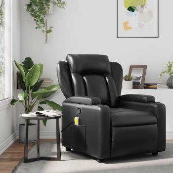 Sillón de masaje reclinable de cuero sintético negro con funciones de masajes, diseño ergonómico, reposabrazos acolchados y base giratoria