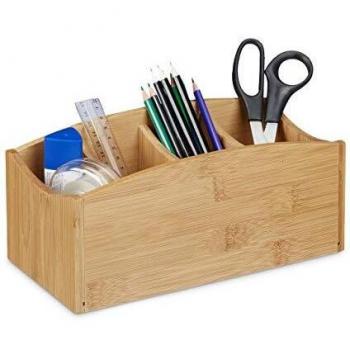 Organizador de Escritorio de Bambú con 4 Compartimentos, Portapapeles Natural, Tamaño: 11.5 x 26 x 13 cm, Color Marrón Natural