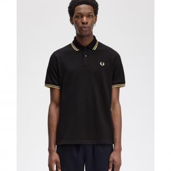Fred Perry M12 Made in England Short Sleeve Twin Tipped Polo Shirt - Black/Ecru - Men's Size 46