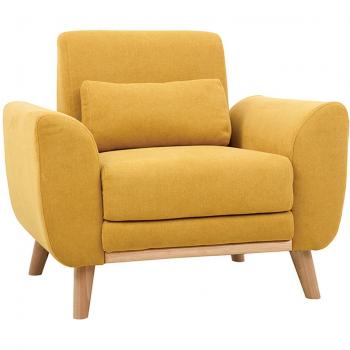 Sillón EKTOR diseño tejido efecto terciopelo amarillo mostaza con patas de roble