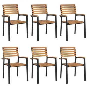 Stackable Garden Chairs Set of 6 Solid Acacia Wood and Metal