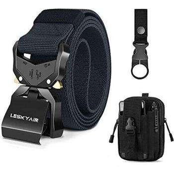 Leskyair Cinturón Táctico para Hombres 1.5 pulgadas, Cinturon Hombre Trabajo Estilo Militar Cinturón con hebilla de metal liberación rápido, Regalo con bolsa táctica Molle y Soporte para Botella
