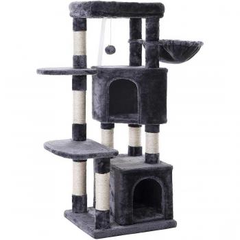 Árbol de gato suave de 120 cm, torre de juego gris claro con 2 casas, hamaca y rampas de salto