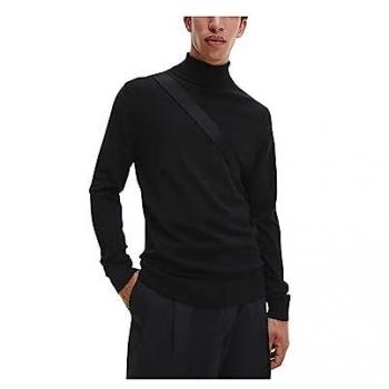 Calvin Klein Superior Wool Turtleneck Sweater for Men, Black, Size S with Logo Embroidery