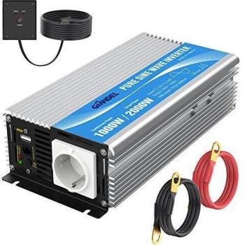 Giandel Inversor de Corriente de Onda Sinusoidal Pura 1000w Convertidor DC 12V a AC 220V 230V con Mando a Distancia con Toma de AC & 2.4A Puerto USB para Coche de camión RV