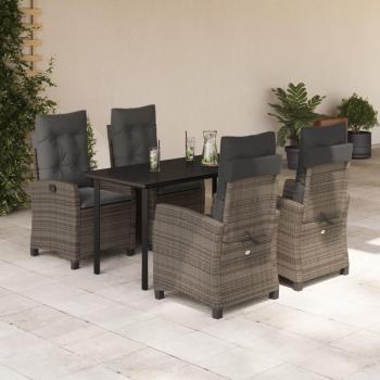 5-Piece Grey Poly Rattan Garden Dining Set with Cushions