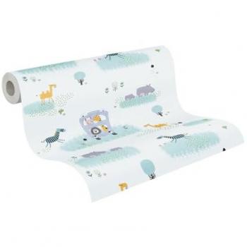Papel Pintado Infantil Little Love con Dibujos de Jirafas y Cebras, Colorido en Verde y Gris, 0.53 x 10.05 m