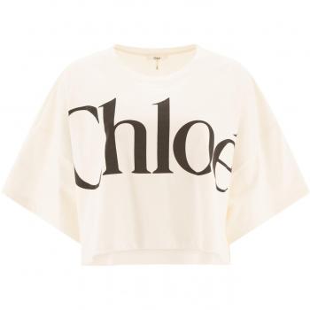 Chloé Women's White Cropped Boxy Logo T-Shirt - Medium
