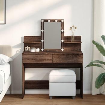 Tocador de maquillaje con LED marrón roble 100x40x130 cm, tocador con espejo y almacenaje, ideal para dormitorio