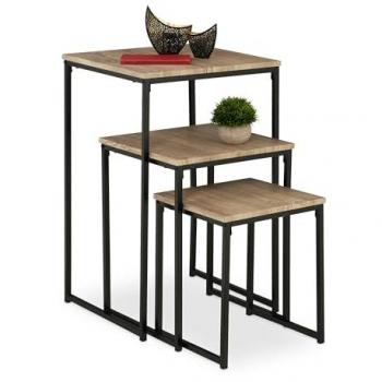 Pack de 3 Mesas Auxiliares Cuadradas Apilables de Metal, Diseño Nido, en Gris y Negro - Relaxdays