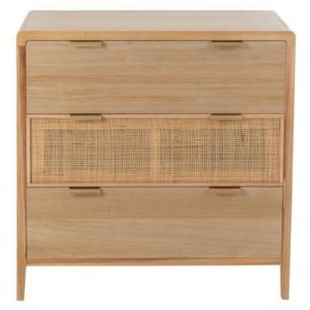 Cómoda de 3 cajones en madera maciza y ratán - L90 cm