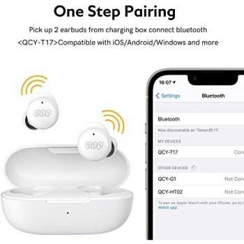 Auriculares inalámbricos QCY T17 Auriculares Bluetooth 5.1 con Micrófono y Control Táctil, Llamada de Reducción de Ruido, Latencia Ultrabaja, IPX5 Impermeable Auriculares Deportivos In Ear, Blanco