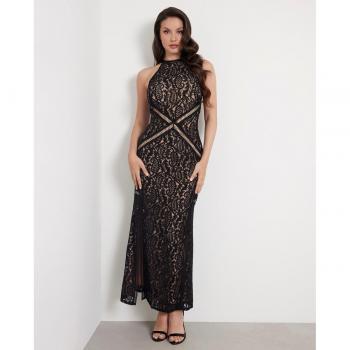 Vestido Largo De Encaje Guess - Vestido largo sin mangas, con diseño de encaje, ajuste entallado, escote en V, sin mangas, longitud hasta el tobillo