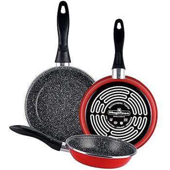 Magefesa K2 Rojo Set Juego 3 Sartenes 20-24-28 cm, Inducción, Antiadherente PIEDRA libre de PFOA, Vitrocerámica, Gas, Acero Vitr