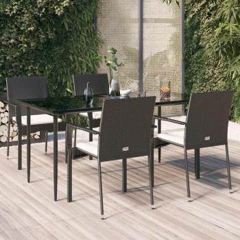 5 Piece Black Poly Rattan Garden Dining Set with Cushions