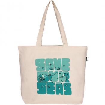 Eono Essentials - Bolsa al hombro de 100 % algodón/tela, reutilizable y ecológica, grande, con estampado «Save our seas» Beige