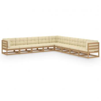 Set de muebles de jardín 9 piezas con cojines en color marrón miel, fabricado en madera de pino