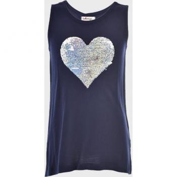 Camiseta de niña sin mangas azul marino de algodón con dibujo de corazón