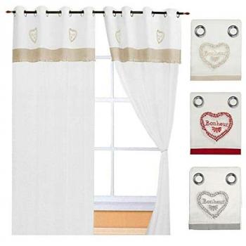 Cortinas para Ventanas de Puerta Interior en Lino Semitrasparente, 140x290 cm, Par de 2 Unidades, Corazón con Cuadros Grises