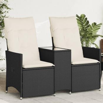 Reclining 2-Seater Garden Sofa with Table in Black Poly Rattan