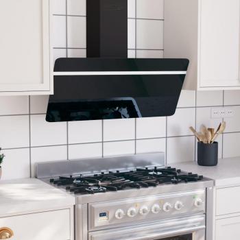 Campana extractora de pared 90 cm en acero inoxidable con cristal templado negro