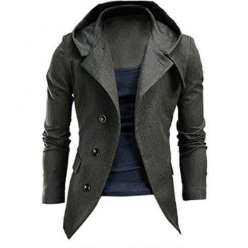 SODIAL (R) encanto moda de trinchera Chaquetas Hombres camiseta delgado solo pecho con capucha Escudo Casual Gris oscuro Talla M