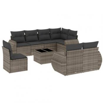 9-Piece Grey Poly Rattan Garden Sofa Set with Cushions