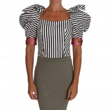Dolce & Gabbana White Black Striped Cropped Top Puff Sleeve Shirts - IT36|XXS