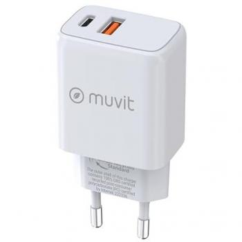 Cargador de Pared Muvit For Change 1 USB QC 3.0 18W + 1 Tipo C PD 25W Blanco