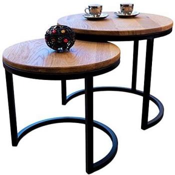 Juego de 2 Mesas de Centro Redondas Modernas, Madera Maciza de Roble y Acero, Negro, Ø50x43 cm / Ø40x38 cm