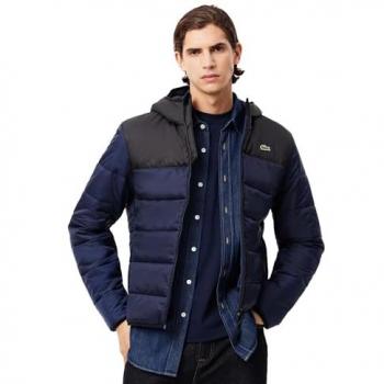 Chaqueta con capucha Lacoste Puffer Contrast azul negro - M, acolchada, impermeable, para hombres