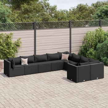 9 Piece Black Poly Rattan Garden Sofa Set with Cushions