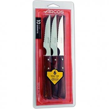 Arcos Serie Cuchillos de Mesa - Juego de 6 Cuchillos Chuleteros, Hoja Serrada de Acero Inoxidable NITRUM de 110 mm, Mango Madera comprimida, Color Marrón