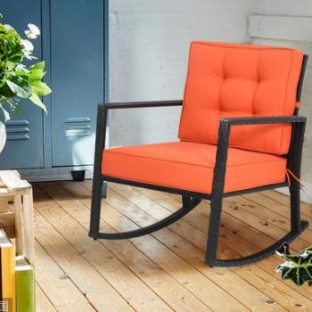 Patio Rattan Rocker Chair with Cushion - Contemporary design, made of rattan and iron, features a black finish, includes comfortable cushions for added support
