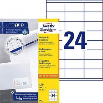 Etiquetas Universales Autoadhesivas A4 Avery Zweckform 3422, 70 x 35 mm, Paquete de 100 Hojas (2400 Etiquetas)
