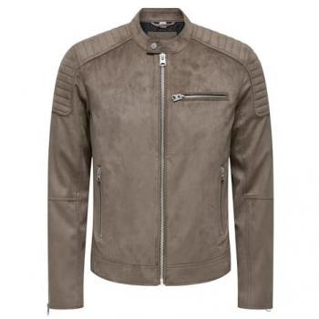 Only & Sons Gus Faux Suede Biker Jacket for Men - Beige, Regular Fit, Size S