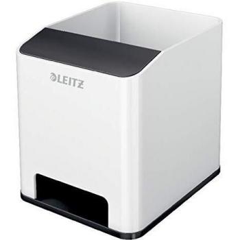 Leitz Cubilete Portalápices, Función de Altavoz, Gama WOW, 53631095, Blanco/Negro