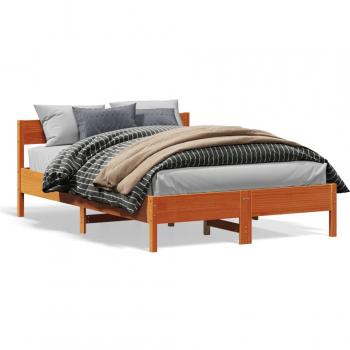 Cama de pino macizo con cabecero marrón, 135x190 cm, cera