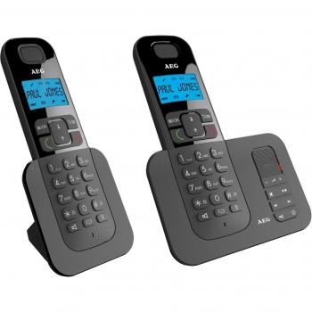 AEG Voxtel D505 Twin - Teléfono inalámbrico DECT con contestador automático: Pack de Dos, Negro