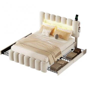 Cama tapizada doble con LED, USB y 4 cajones, 160x200 cm, incluye colchón
