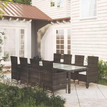 Set de comedor jardín 9 piezas con cojines de ratán sintético marrón