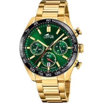 Reloj Lotus Chrono 18917/5 para Hombre con Esfera Verde y Correa de Acero en Color Dorado