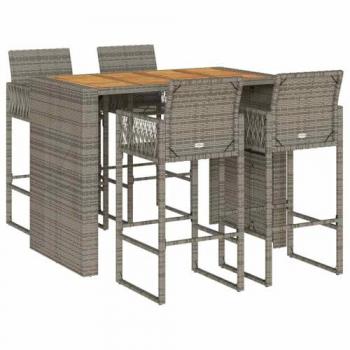 5 Piece Gray Poly Rattan Acacia Garden Bar Set without Cushions