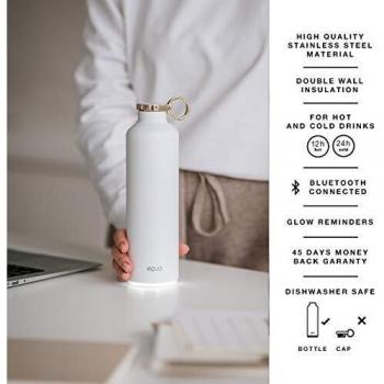 EQUA Botella de agua inteligente – 23 oz – Conexión Bluetooth con aplicación y recordatorio de señal luminosa – Termo de vacío de doble pared de acero inoxidable – Tapa de metal