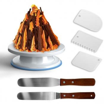 GiBot Plato Giratorio de la Torta Soporte de Decoración de Pasteles con 2 pieza acero inoxidable espátulas y 3 paletas de plástico para repostería, 28cm, Blanco