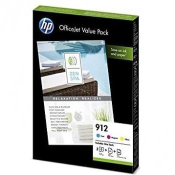HP 912 6JR41AE, Cian, Magenta y Amarillo, Paquete de Ahorro para Oficina, Pack de 3, Cartuchos de Tinta Originales, 125 Hojas de Papel A4, Para impresoras HP OfficeJet 8012, 8014 y 8015