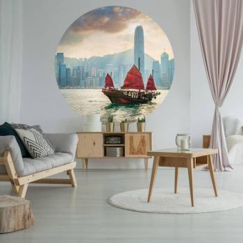 Papel pintado de pared redondo Skyline con barco de junk 142,5 cm