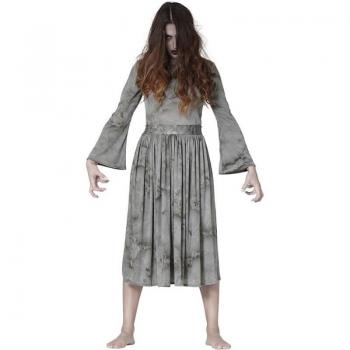 Disfraz de Chica Fantasma para mujer - Guirca, incluye vestido blanco con detalles en negro, velo, y maquillaje facial