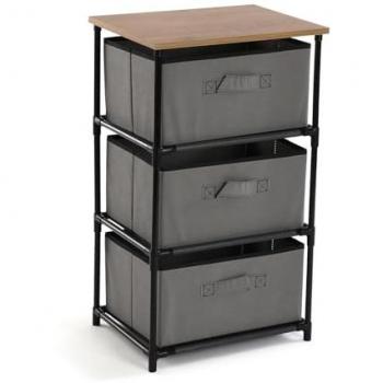 Cajonera de Dormitorio Vintage de Metal y Madera con 3 Cajones de Tela Gris (40 x 30 x 68 cm)