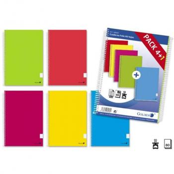 Cuaderno Golden Basic Fº 80 hojas cuadros 4mm, pack de 5 cuadernos espiral folio, margen remarcado, tapa normal plastificada, colores surtidos